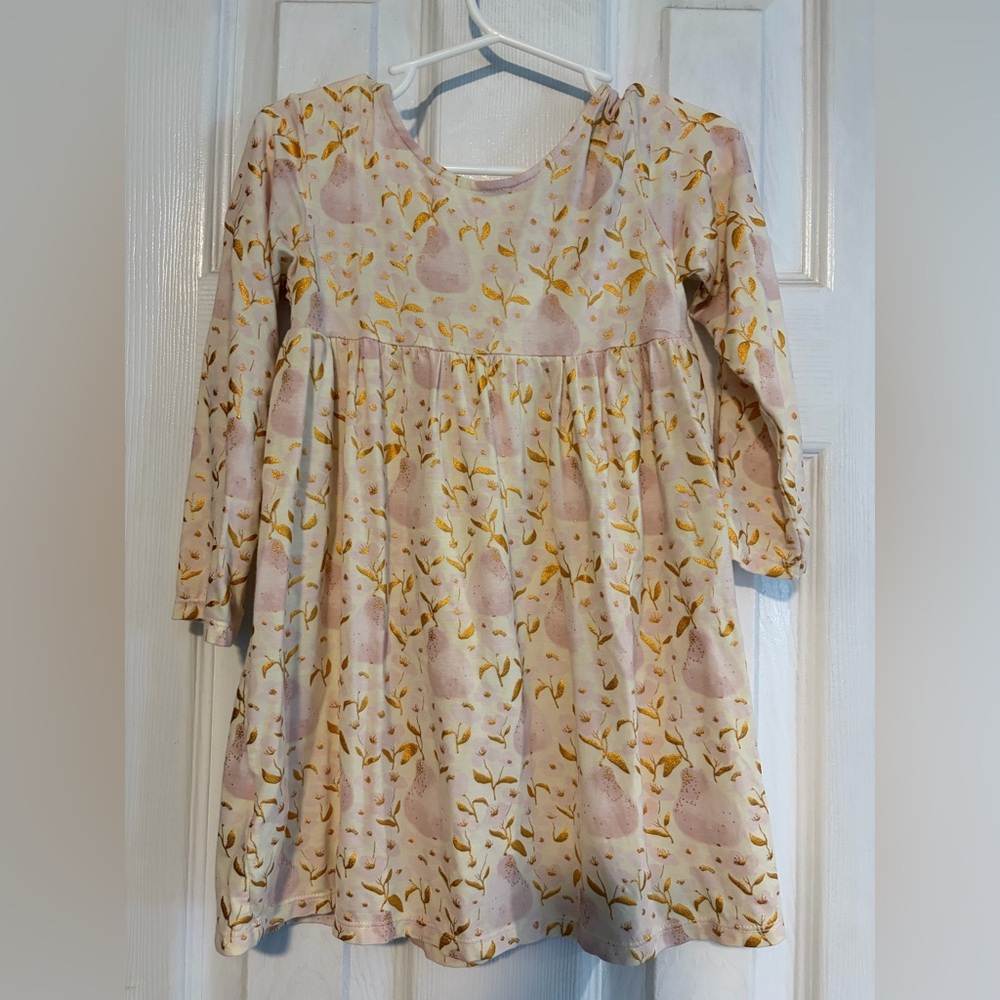 Magnetic Me Cream Dress with Pink Pear & Gold Leaf Print